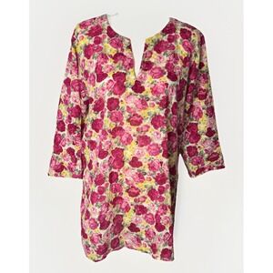 Smithsonian Institution Pink Yellow Floral Rose Cotton Tunic Top Women XL V-Neck